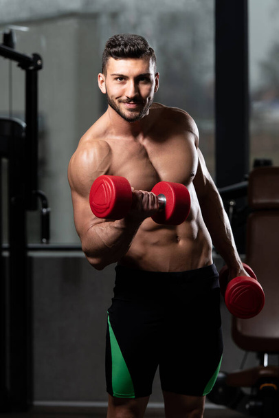 Athlete Working Out Biceps In A Gym - Dumbbell Concentration Curls - Fotografie, Obrázek