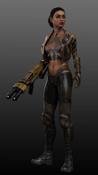 Urban Fantasy Woman, POC Sci Fi Mulher distópica em couro marrom - Foto, Imagem