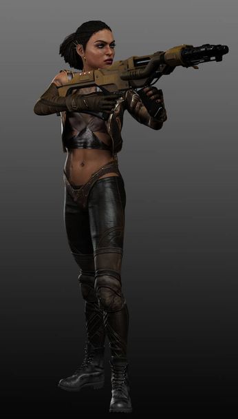 Urban Fantasy Woman, POC Sci Fi Mulher distópica em couro marrom - Foto, Imagem