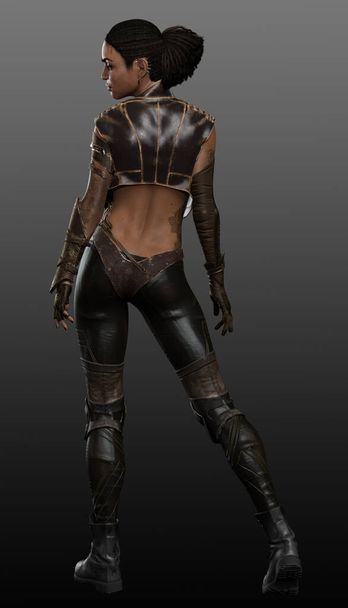 Urban Fantasy Woman, POC Sci Fi Mujer distópica en cuero marrón - Foto, Imagen
