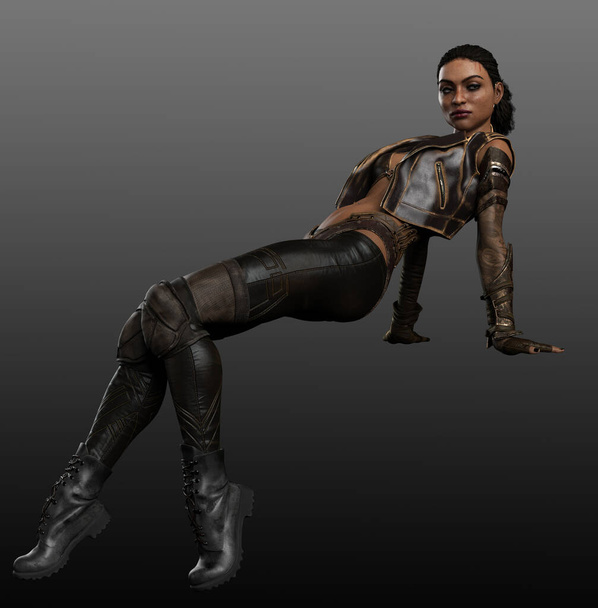 Urban Fantasy Woman, POC Sci Fi Mujer distópica en cuero marrón - Foto, imagen