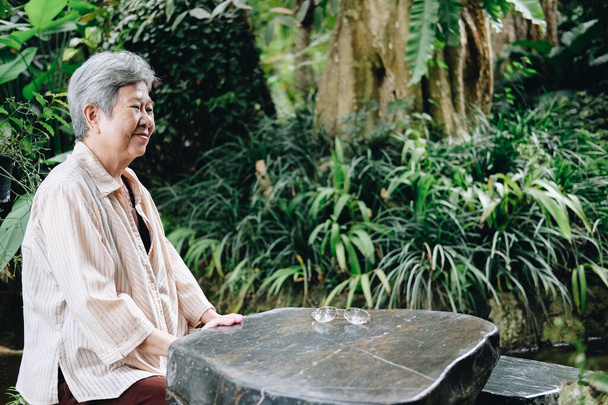 femme âgée se reposant dans le jardin. asiatique âgés femme détente à l'extérieur. mode de vie de loisirs senior - Photo, image