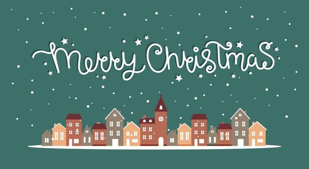Buon Natale case invernali con neve, simpatica illustrazione vettoriale in stile piatto con scritte - Vettoriali, immagini