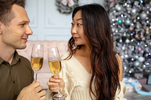 Portrait Of Couple Holding The Glasses Of Champagne At Christmas - Foto, afbeelding