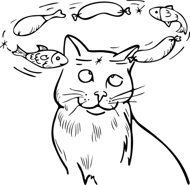 Ilustracja wektorowa zawroty głowy kot marzy o przysmakach - ryba, kiełbasa, kurczak. Zabawny kot w stylu kreskówki. - Wektor, obraz