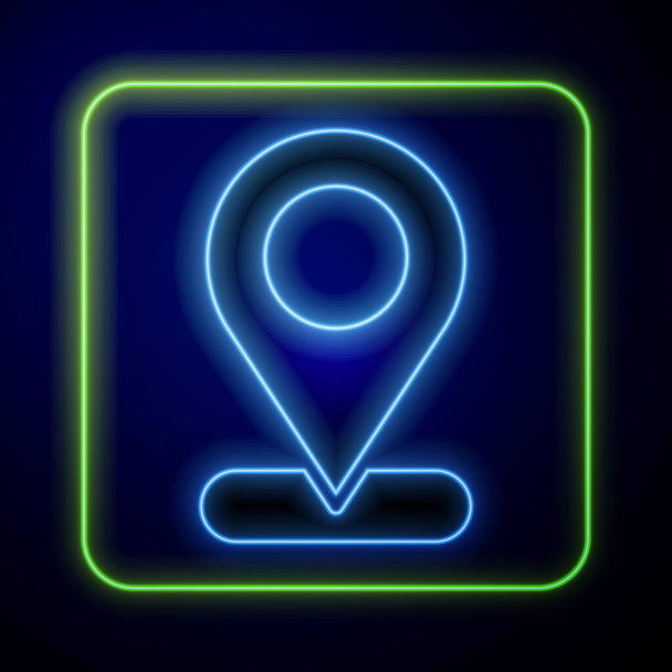 Leuchtendes Neon Map Pin Symbol isoliert auf blauem Hintergrund. Navigation, Zeiger, Standort, Karte, GPS, Richtung, Ort, Kompass, Suchkonzept. Vektor. - Vektor, Bild