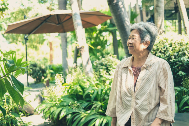 Una anciana descansando en el jardín. asiático anciano mujer relajante al aire libre. estilo de vida de ocio senior - Foto, Imagen