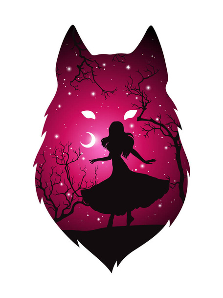 Double exposure silhouette of wolf with shadow of beautiful woman in the night forest, crescent moon and stars. Sticker or tattoo design vector illustration. Pagan totem, wiccan familiar spirit art. - Vector, Image