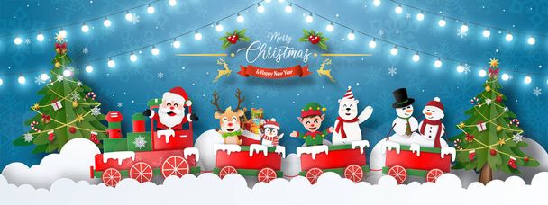 Feliz Navidad y Feliz Año Nuevo, tarjeta postal de la bandera de Navidad de la fiesta de Navidad con Santa Claus y amigos con el tren de Navidad - Vector, imagen