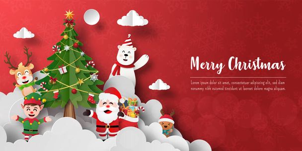 Wesołych Świąt i Szczęśliwego Nowego Roku, pocztówka świąteczna Świętego Mikołaja i przyjaciół z choinką - Wektor, obraz