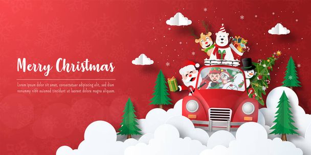 Frohe Weihnachten und ein gutes neues Jahr, Weihnachtsbanner Postkarte von Weihnachtsmann und Freunden im Weihnachtsauto - Vektor, Bild