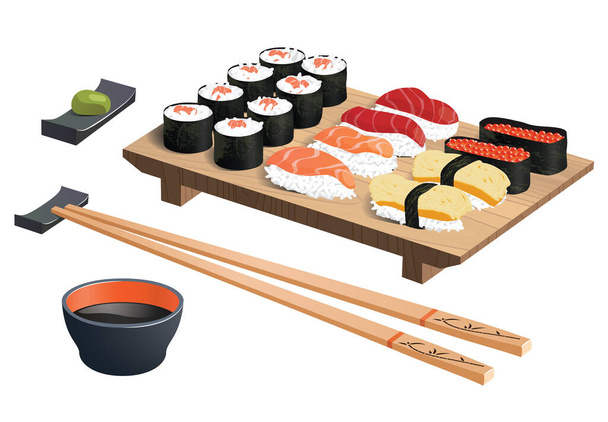 Sushis japonais réalistes à la sauce soja, wasabi et baguettes isolés sur blanc - Vecteur, image