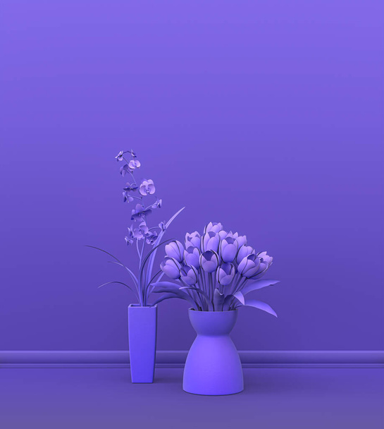 Interiér v obyčejné monochromatické fialové barvě se skupinou dekorativních domků rostlin, pro kopírování prostoru a pozadí plakátového rámu. 3D vykreslování, prázdná místnost s květinami a květinami - Fotografie, Obrázek