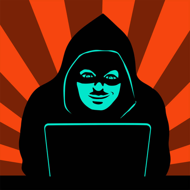Male hacker at a laptop. Black silhouette with a closed face. Cyber attack. Vector illustration. - Vector, Image