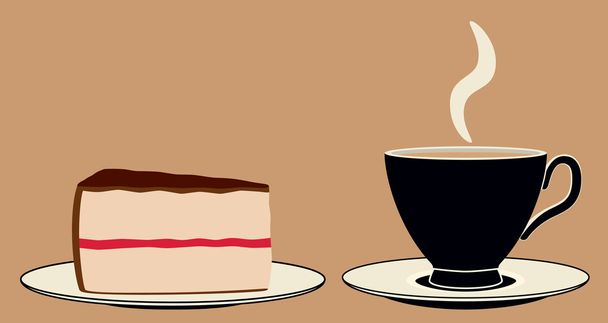 Taza de café y rebanada de pastel en la placa
 - Vector, Imagen