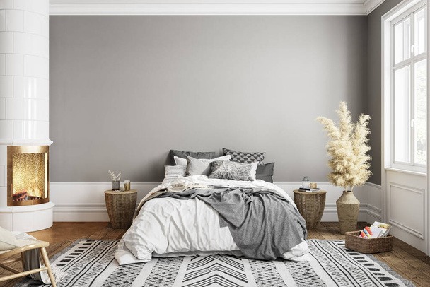 White gray bedroom interior with fireplace carpet, dry plants and decor. - 写真・画像