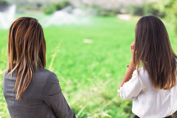 Two business women in front of a field with agriculture irrigation system. Water sprinklers in the background. - Foto, imagen