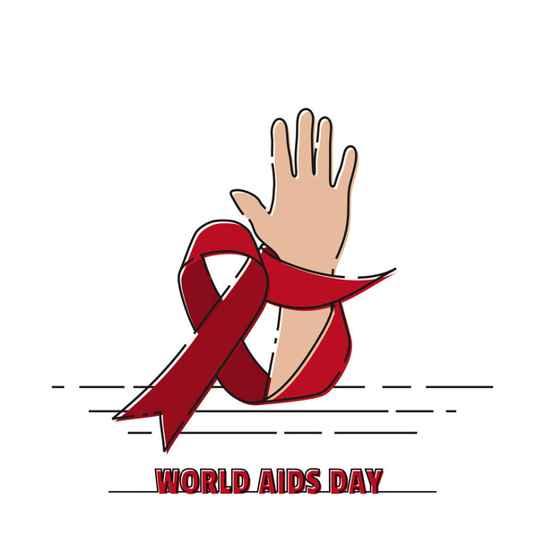 World AIDS Day Design with Hand and Ribbon vector illustration (en inglés). Buena plantilla para el diseño del SIDA. - Vector, imagen