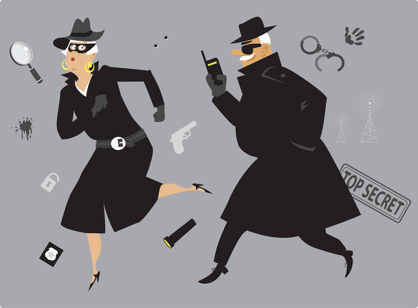 Elderly couple playing secret agents, spy tools on the background, EPS8 vector illustration - Vector, Image