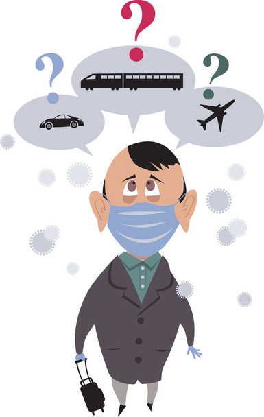 Заинтересованный путешественник в защитной маске выбирает между автомобилем, поездом и самолетом как наиболее безопасное средство транспортировки во время пандемии, векторная иллюстрация EPS8 - Вектор,изображение