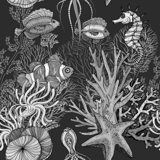 Seamless pattern with ocean marine life, clown fish in anemones, black and white - Vetor, Imagem