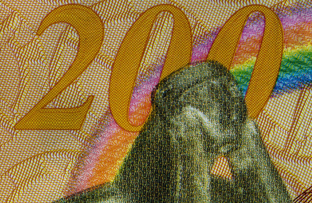 Selektiver Fokus auf Details der Lei-Banknoten. Makrodetails rumänischer Lei-Banknoten, 200 Lei isoliert. Weltwährungskonzept, Inflation und Wirtschaftskonzept - Foto, Bild