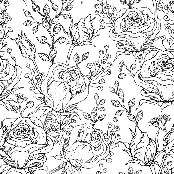 Hand-drawn roses black and white seamless pattern. - Vektor, obrázek