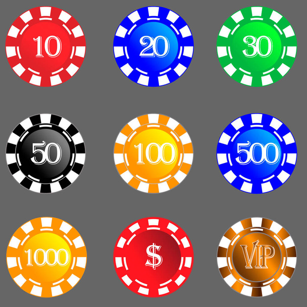 Eine Reihe von Casino-Chips. Vereinzelte Objekte. Vektorbild. - Vektor, Bild