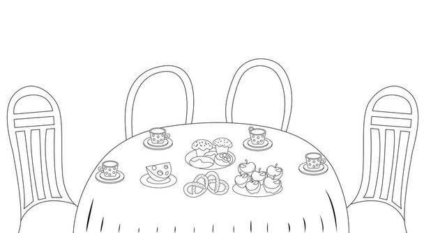 Libro da colorare per bambini. Pausa tè. Tavolo con dolcetti: tè in tazze e piattini, mele, muffin, pretzel. Illustrazione della linea vettoriale. - Vettoriali, immagini
