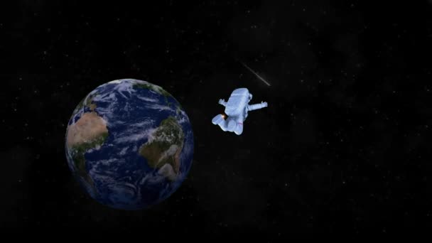Astronaut dreht und rotiert die Erde mit Sonnenhintergrund. Nahtlose 3D-Looping-Animation - Spinning Astronaut im freien Weltraum. Astronaut dreht sich in der Nähe der Erdumlaufbahn. - Filmmaterial, Video