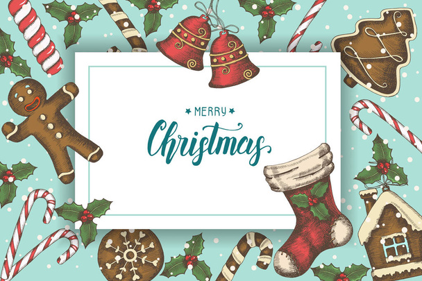 Festive Christmas background with hand drawn holly leaves, bells, gingerbread, and christmas sock. Greeting hand made quote "Merry Christmas and Happy New Year". Sketch.Banner,poster, flyer, brochure. - Wektor, obraz