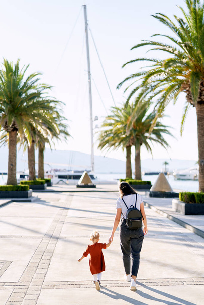 Woman is walking hand in hand with her 2 year old daughter among palm trees on a boat pier - Photo, Image
