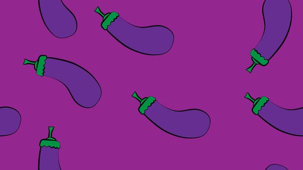 紫色の背景に漫画ナスのベクトルシームレスパターン - ベクター画像