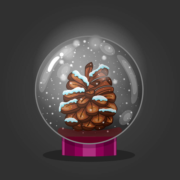 Vector cartoon fir cones and flying snow are inside a glass ball. Christmas illustration. - Vector, Image