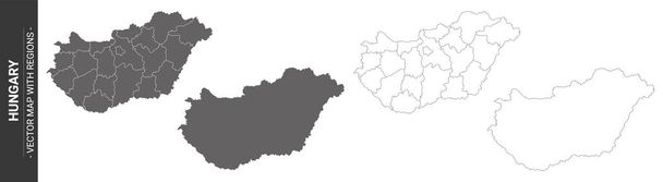 zestaw 4 map politycznych Węgier z regionami odizolowanymi na białym tle - Wektor, obraz