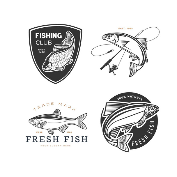 Monochrome illustration with a fish logos for design on a fishing theme. - Vector, Image