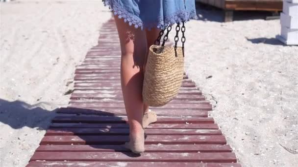 白い砂浜の上の女性の足海の背景 - 映像、動画