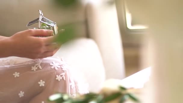 la mariée tient une boîte à bijoux en verre avec un intérieur succulent - Séquence, vidéo