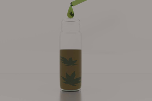 白い背景にガラス瓶の上のガラスピペットからぶら下がって、内部に麻の葉を持つ大麻油のドロップ。3Dレンダリング  - 写真・画像