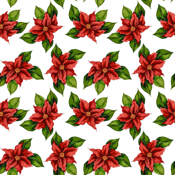 Watercolor seamless pattern with poinsettia. Great Christmas allover print for wrapping paper or textile. - Foto, Bild