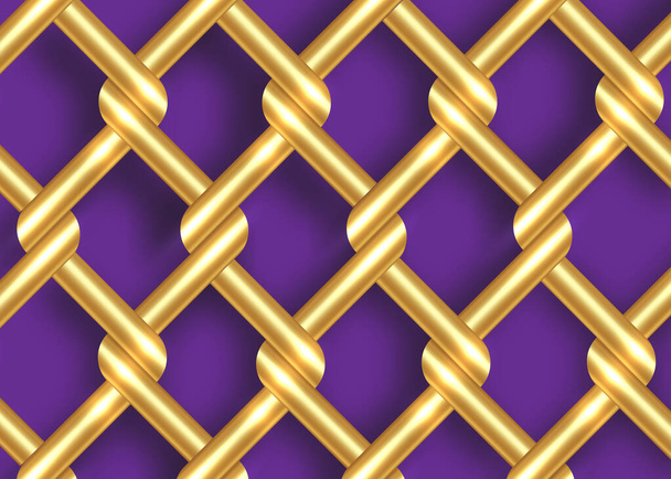 黄金の金属線フェンステンプレート。金の鎖が絡み合って重なり合い、紫色の背景に孤立したベクトル  - ベクター画像
