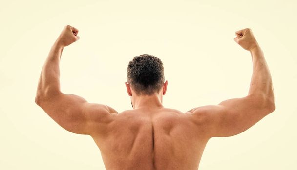 Sport motivation. Man celebrating success. Bodybuilder strong muscular back feeling powerful and superior. Achieve success. Successful athlete. Victory and success. Champion and winner concept - Photo, Image