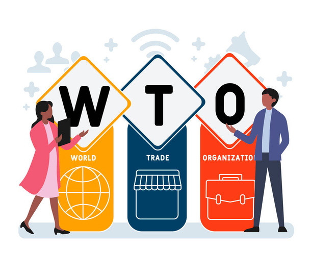 Flaches Design mit Menschen. WTO - Akronym der Welthandelsorganisation. Business-Konzept Hintergrund. Vektor-Illustration für Website-Banner, Marketing-Materialien, Geschäftspräsentation, Online-Werbung - Vektor, Bild