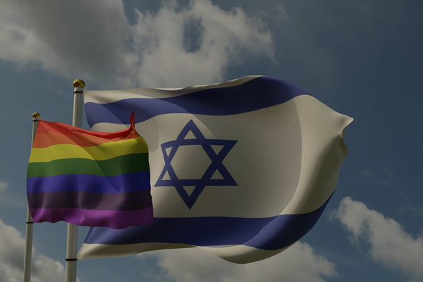 Bandeira LGBT e a bandeira de Israel em um pólo agitando ao vento juntos representando direitos e orgulho. Renderização 3D.  - Foto, Imagem