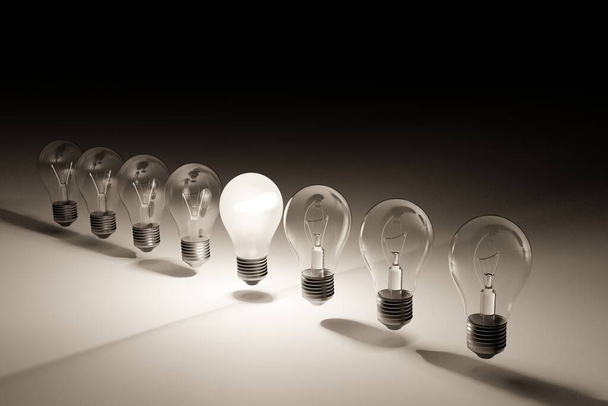 アイデアを持っていることを示す明るく輝く中電球と電球のライン。黒と白の背景を持つ3Dレンダリング.  - 写真・画像