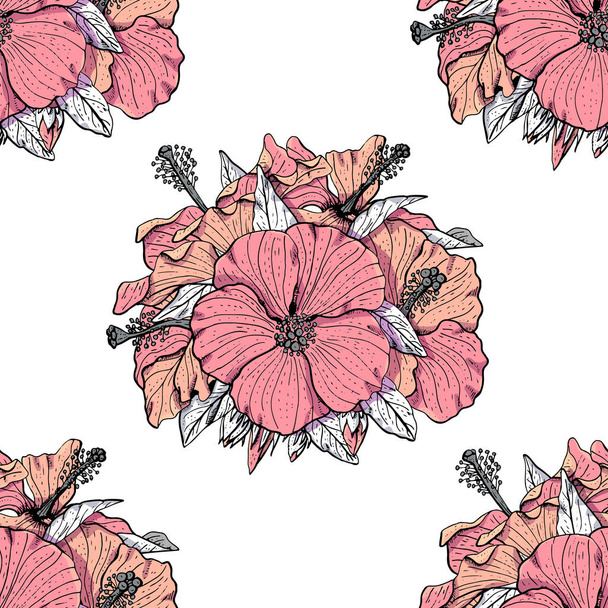 Bunte florale nahtlose Muster mit handgezeichneten rosa Hibiskusblüten auf weißem Hintergrund. Illustration eines Aktienvektors. - Vektor, Bild