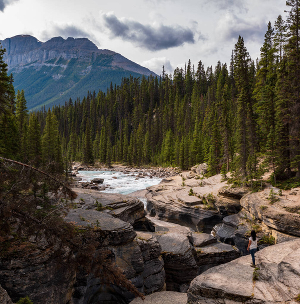 Woman standing and taking in the view at Mistaya Canyon in Jasper National Park, British Columbia, Canada. - Photo, Image