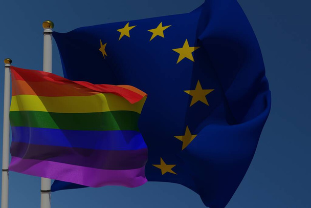 LGBT flag and European Union flag on a pole waving in the wind together representing rights and pride. 3D rendering.  - Φωτογραφία, εικόνα