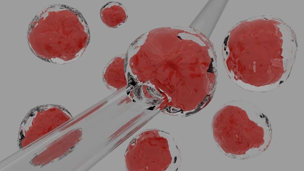 Menselijke stamcel onderworpen aan nano naald aspiratie voor extractie van genoom gebruikt voor immunotherapie, onderzoek en behandeling van kanker. Drijvende cellen op witte achtergrond. 3D-weergave.  - Foto, afbeelding