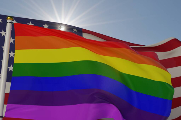 Pride rainbow flag and American stars and stripes waving in the wind together with clouds and sky in the background. 3D rendering. - Photo, Image